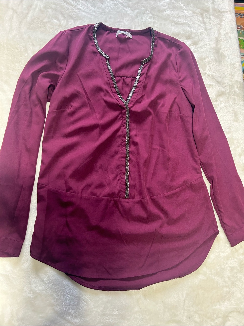 Ricki's Long Sleeve V-Neck Blouse - Wine - Picture 1 of 5